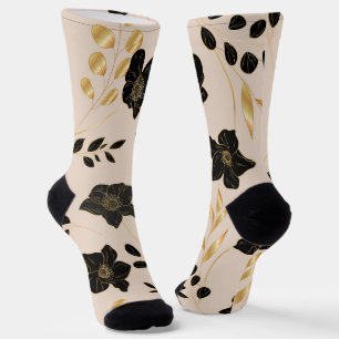 Beige socks with black and gold floral patterns