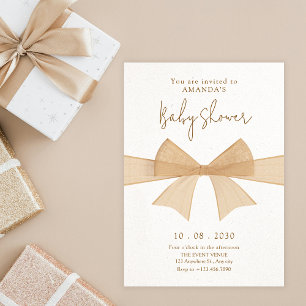Beige soft brown bow baby shower invitation