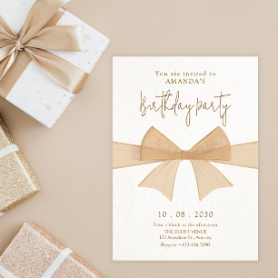 Beige soft brown bow birthday invitation