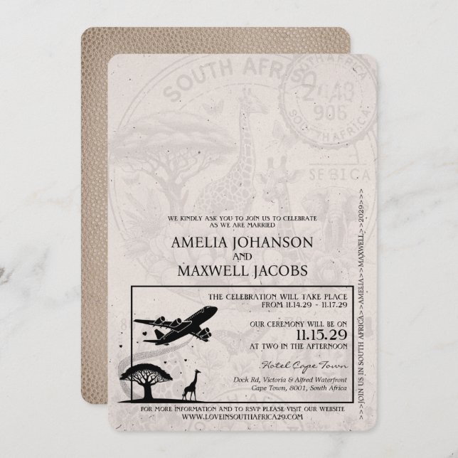 Beige South Africa Passport Wedding Invitation (Front/Back)