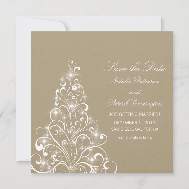Beige Sparkly Holiday Tree Save the Date Invite (Front)
