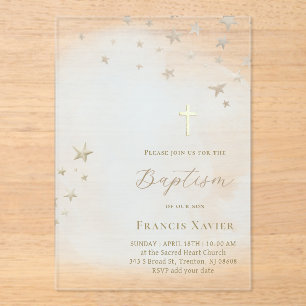 beige stars on pastel blue cloud Baptism Acrylic Invitations