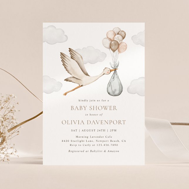 Beige Stork Delivery Gender Neutral Baby Shower Invitation (Creator Uploaded)