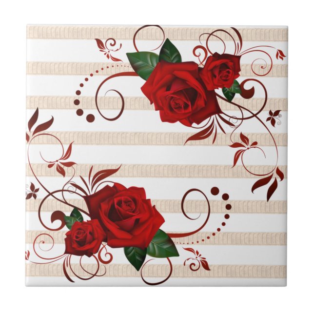 Beige Stripe Ceramic Tile Floral Red Rose (Front)