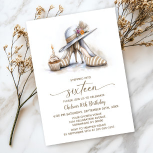 Beige Striped High Heel Shoes 16th Birthday Party Invitation
