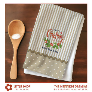 Beige Stripes Holly Leaves Christmas Tea Towel