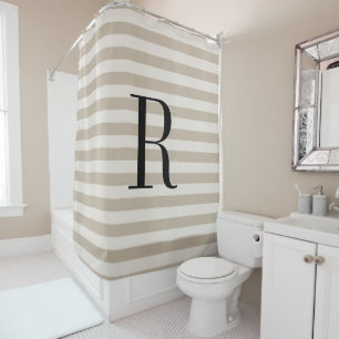 Beige Stripes Large Monogram   Farmhouse Bathroom Shower Curtain