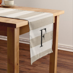 Beige Stripes Monogram   Modern Farmhouse Short Table Runner