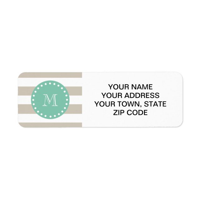 Beige Stripes Pattern, Mint Green Monogram Return Address Label (Front)