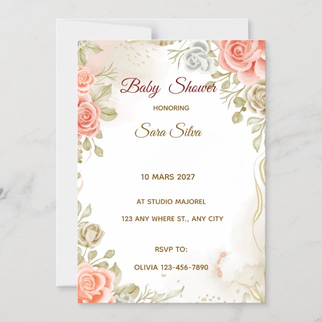 Beige Studded By Flowers Baby Shower Invitation (Front)