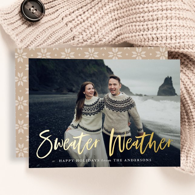 Beige Sweater Weather Photo Foil Holiday Card (Creator Uploaded)