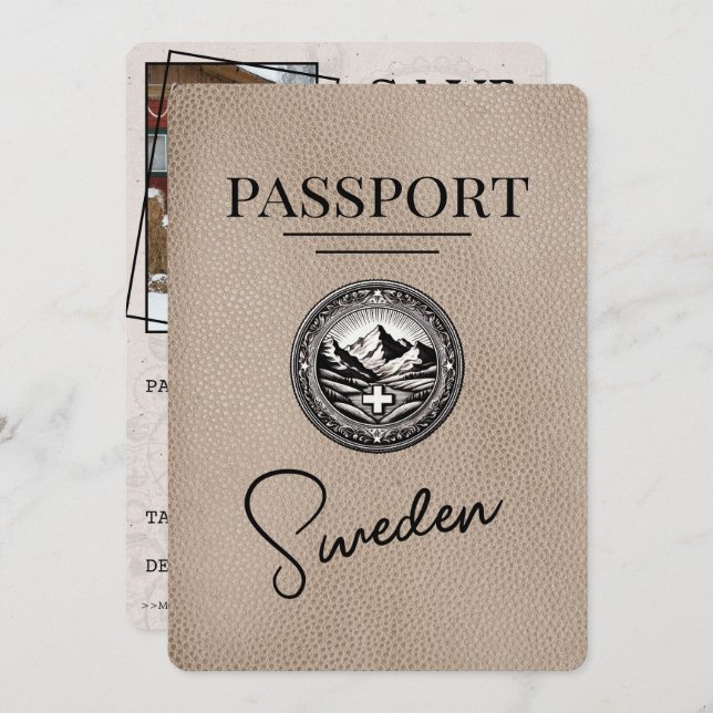 Beige Sweden Passport Save The Date (Front/Back)