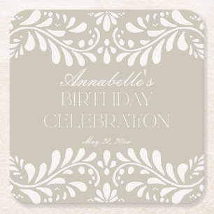 Beige Talavera Tile Spanish Fiesta Birthday Party Square Paper Coaster