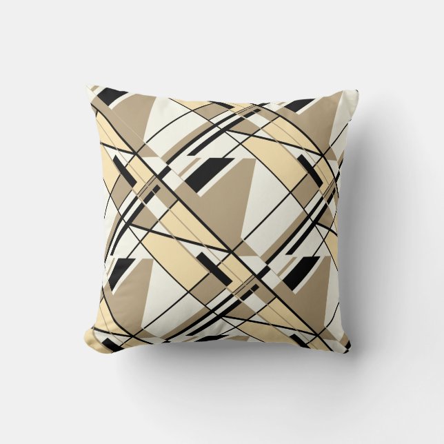 Beige, Tan, Black on White Repeating Design Cushion (Front)