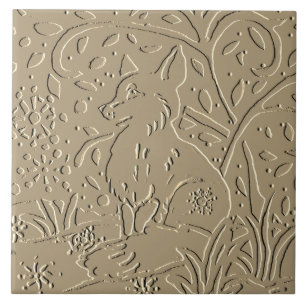 Beige Tan Fox Embossed Woodland Foliage Winter Ceramic Tile