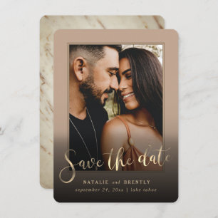 Beige Tan Gold Script & Marble Photo Overlay Save The Date