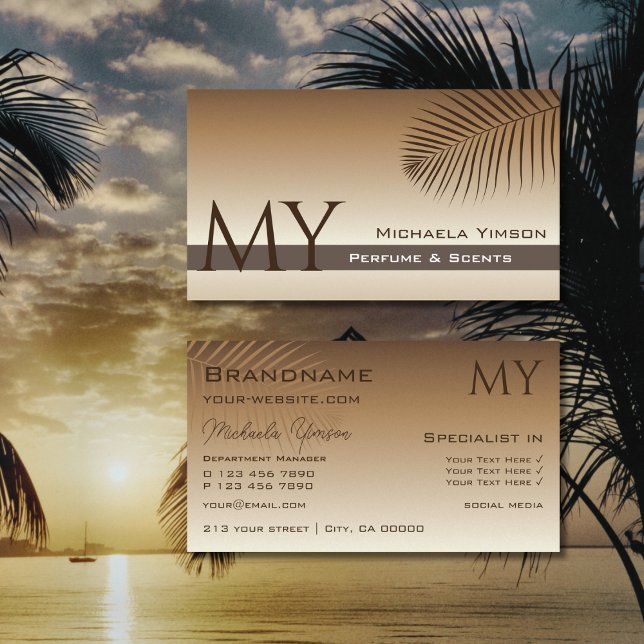 Beige Tan Gradient and Palm Leaf with Monogram Business Card (Creator Uploaded)