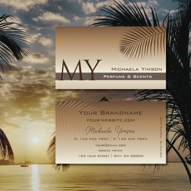 Beige Tan Gradient Palm Leaf with Monogram Simple Business Card (Creator Uploaded)