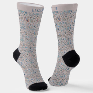 Beige Tan Grey and Tuquoise Blue Paisley Pattern Socks