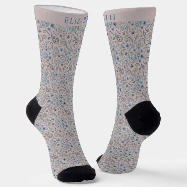 Beige Tan Grey and Tuquoise Blue Paisley Pattern Socks (Angled)