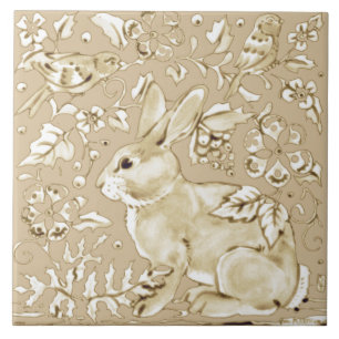 Beige Tan Ivory Bunny Rabbit Bird Floral Leaf Ceramic Tile