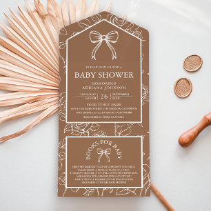 Beige Tan Line Art Coquette Bow Baby Shower All In One Invitation