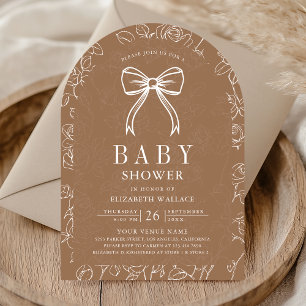 Beige Tan Line Art Coquette Bow Baby Shower Invitation