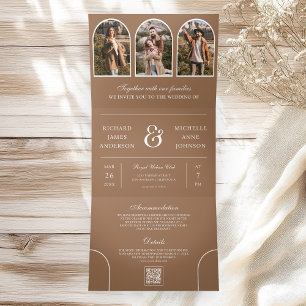 Beige Tan Minimal Arch Photo QR code Wedding Tri-Fold Invitation