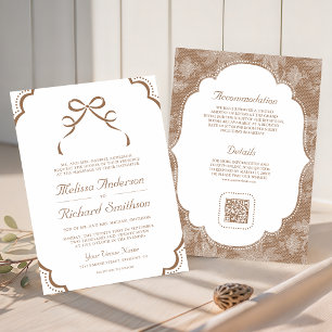 Beige Tan White Lace Coquette Bow QR Code Wedding Invitation