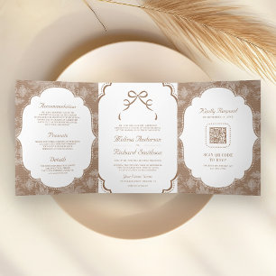 Beige Tan White Lace Coquette Bow QR Code Wedding Tri-Fold Invitation