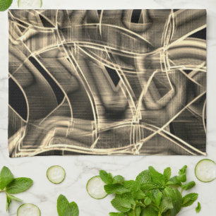 Beige tape-shaped curves, contrasted relief lines tea towel