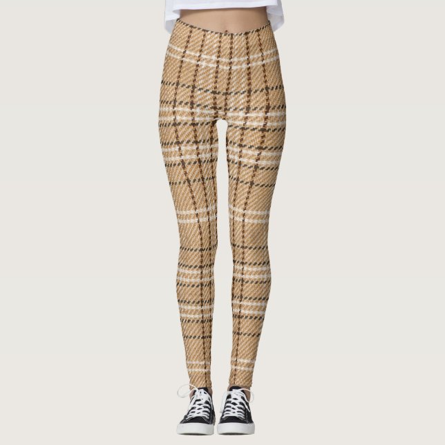 Beige Tartan: Classic Plaid Weave. Leggings (Front)