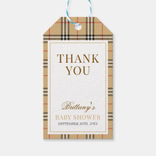 Beige Tartan Plaid Baby Shower  Gift Tags