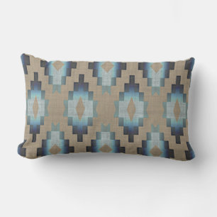 Beige Taupe Brown Dark Blue Gray Tribal Art Lumbar Cushion