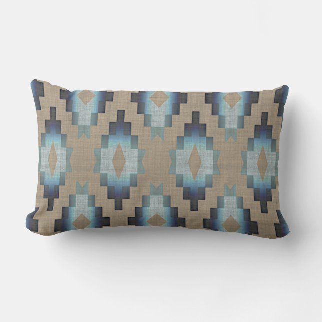 Beige Taupe Brown Dark Blue Grey Tribal Art Lumbar Cushion (Front)