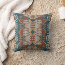 Beige Taupe Red Brown Teal Blue Tribal Art Pattern