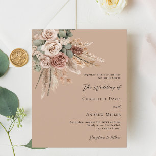 Beige taupe roses greenery boho wedding invitation
