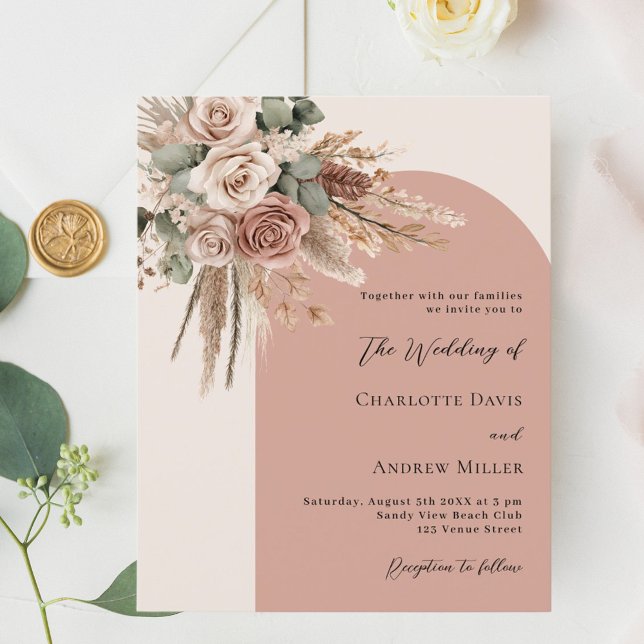 Beige taupe roses pampas arch wedding invitation (Creator Uploaded)