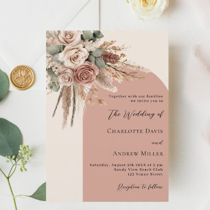 Beige taupe roses pampas grass arch wedding invitation
