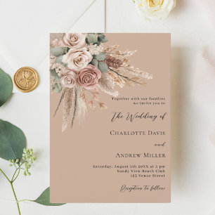 Beige taupe roses pampas grass greenery wedding invitation