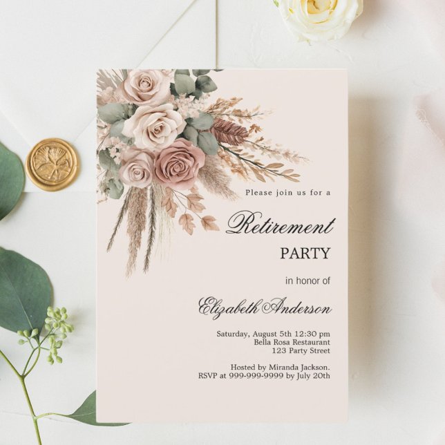 Beige taupe roses pampas grass retirement party invitation (Creator Uploaded)