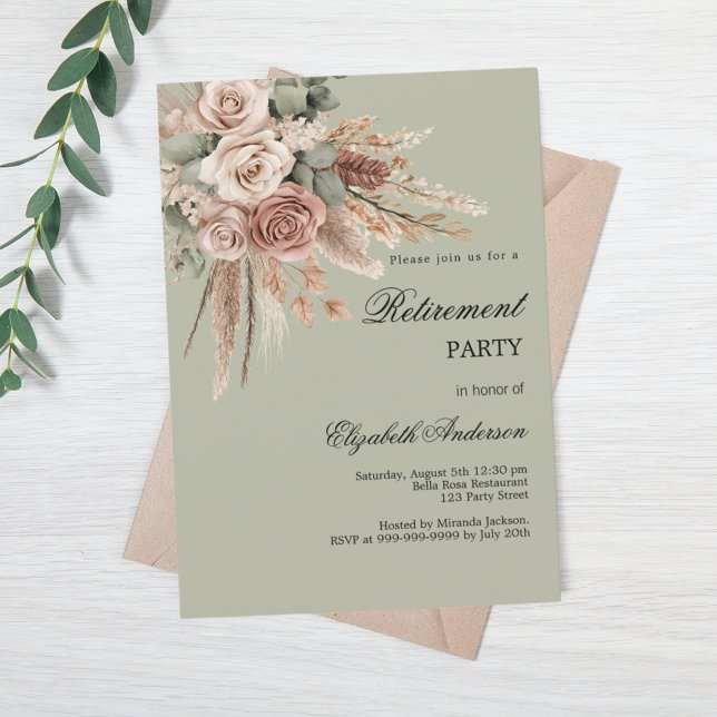 Beige taupe roses pampas green retirement party invitation (Creator Uploaded)