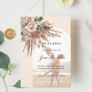 Beige taupe roses pampas photo arch wedding save the date