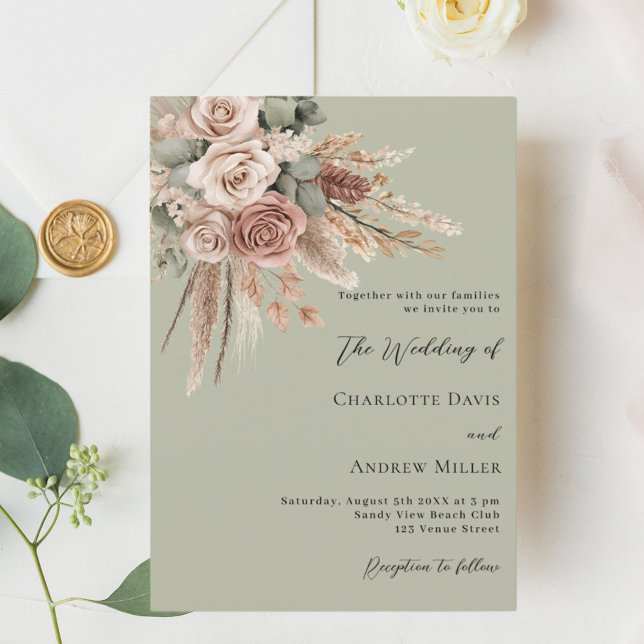 Beige taupe roses pampas sage green luxury wedding invitation (Creator Uploaded)
