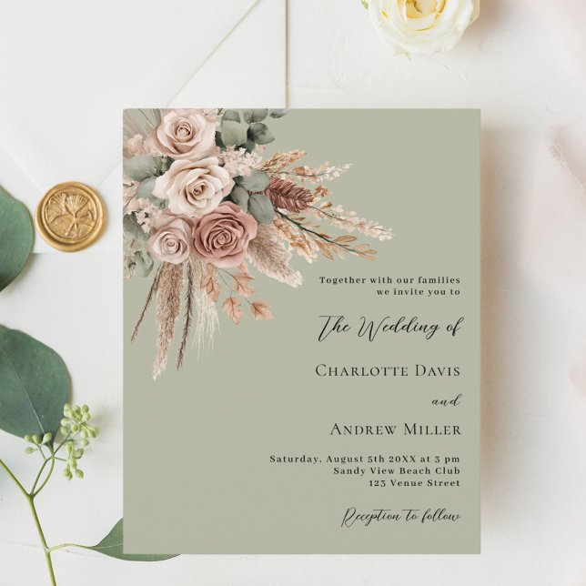 Beige taupe roses sage green wedding invitation (Creator Uploaded)