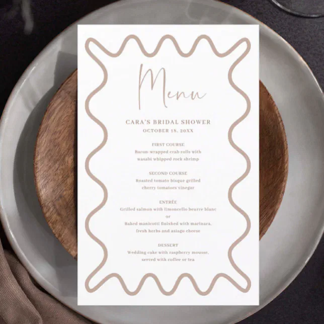 Beige Taupe Wavy Border menu card with name | Zazzle