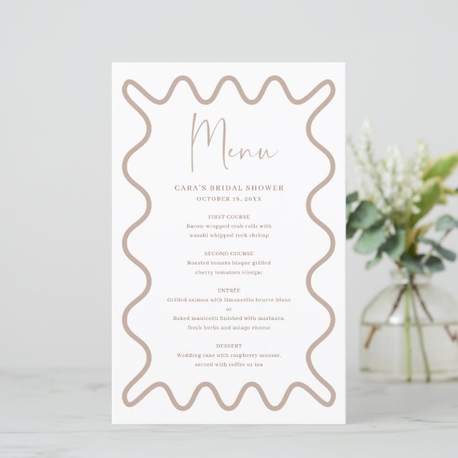 Beige Taupe Wavy Border menu card with name (Standing Front)