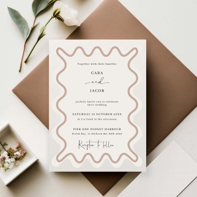 Beige Taupe Wavy Border Wedding Invitation (Creator Uploaded)