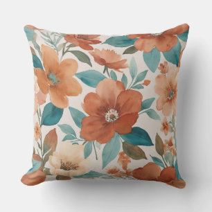 Beige, teal and rust watercolor flowers cushion