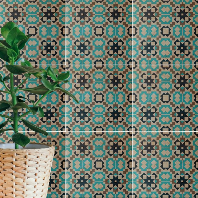 Beige Teal Black Geometric Mosaic Stone-Look Ceramic Tile (Creator Uploaded)